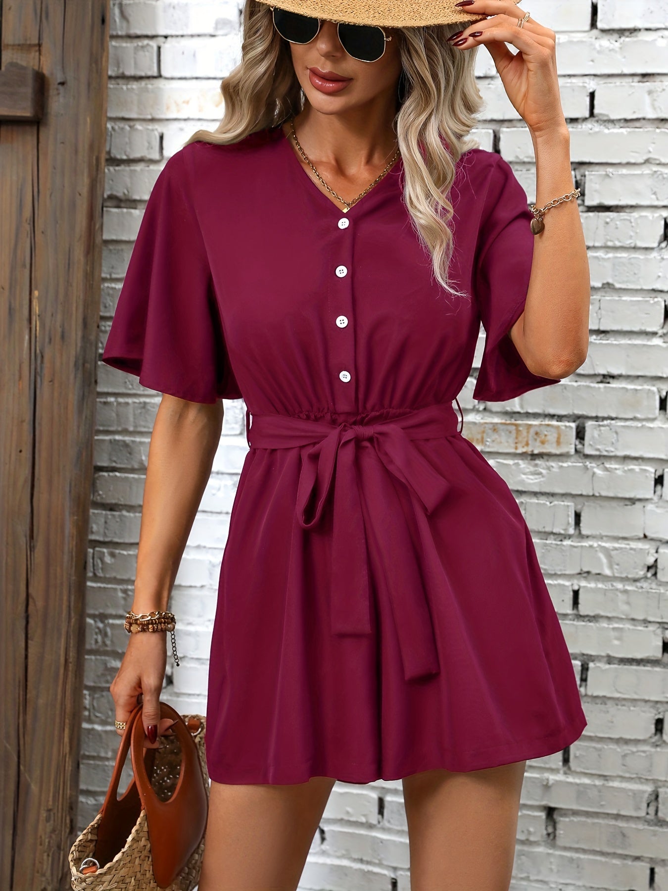 Flutter Sleeve V neck Romper Jumpsuit Casual Button Romper
