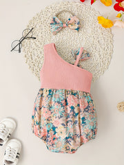 Baby Girls Ribbed One Shoulder Floral Onesie & Headband Set