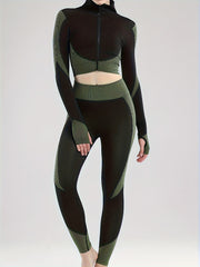 2pcs Yoga Workout Set Long Sleeve Zip Up Sports Tops & Leggings Suit