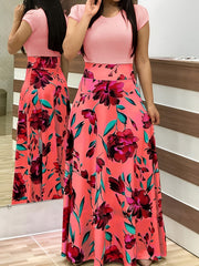 Casual Floral Print Dress Crew Neck Short Sleeve Dress