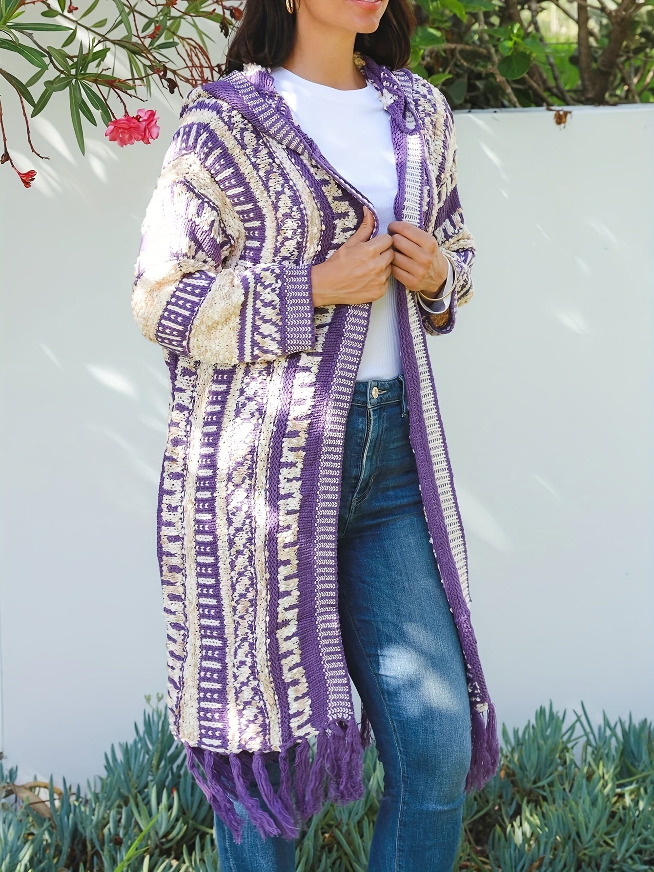 Geometric Print Tassel Trim Hooded Cardigan