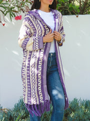 Geometric Print Tassel Trim Hooded Cardigan