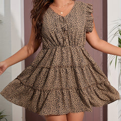 Plus Leopard Print Butterfly Sleeve Tie Front V Neck Smock Mini Dress