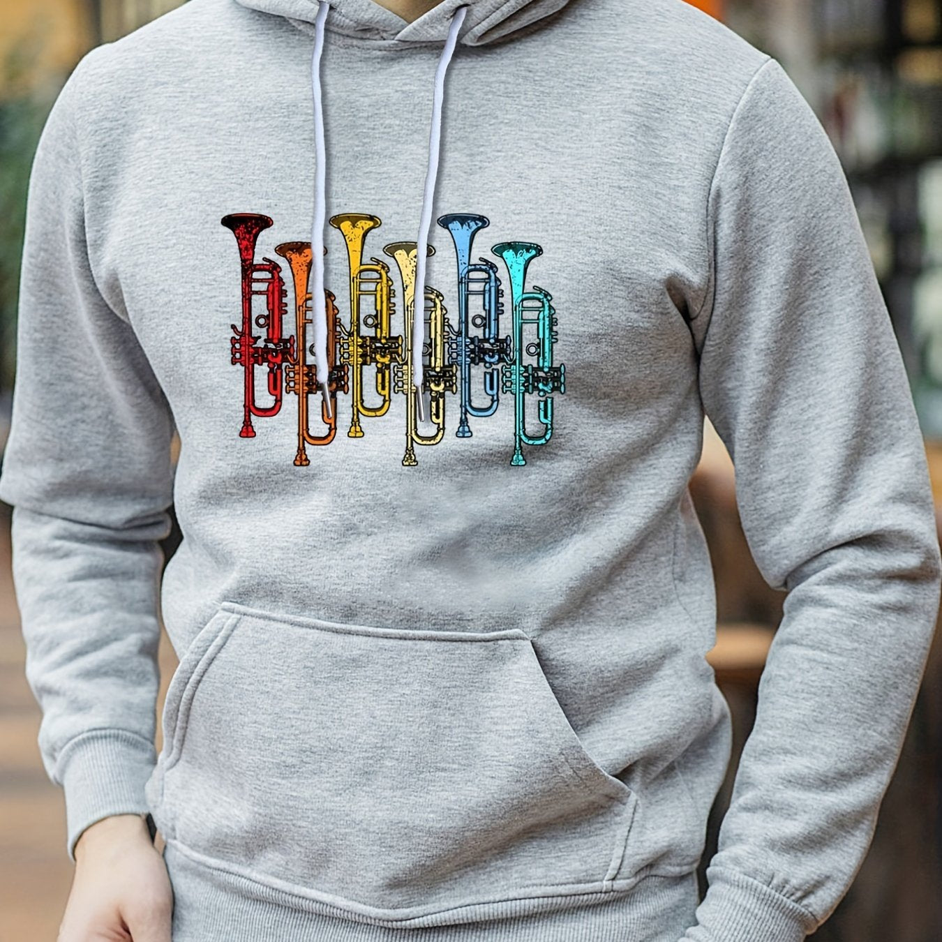 Men's Saxophone Print Hoodie Casual Breathable Hooded Sweatshirt