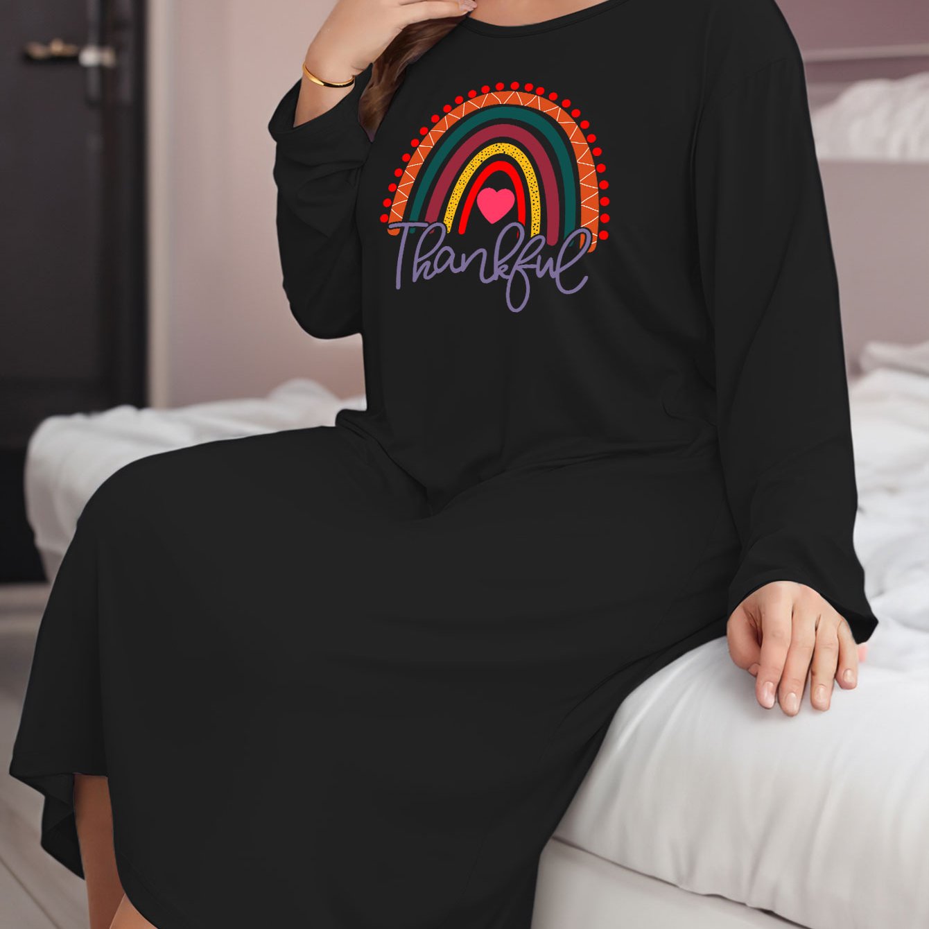 Thanksgiving Lounge Dress Women's Plus Funny Rainbow Print Long Sleeve