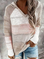 Block Hooded Knit Sweater V Neck Long Sleeve Casual Women's Clothing