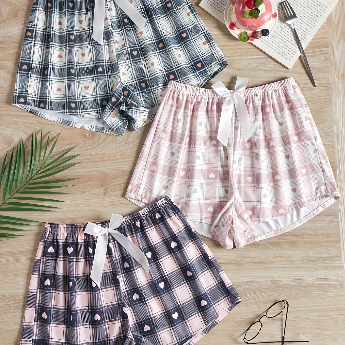 3 Pack Plus Size Preppy Lounge Bottoms Set Women's Plus Plaid & Heart Print Bow