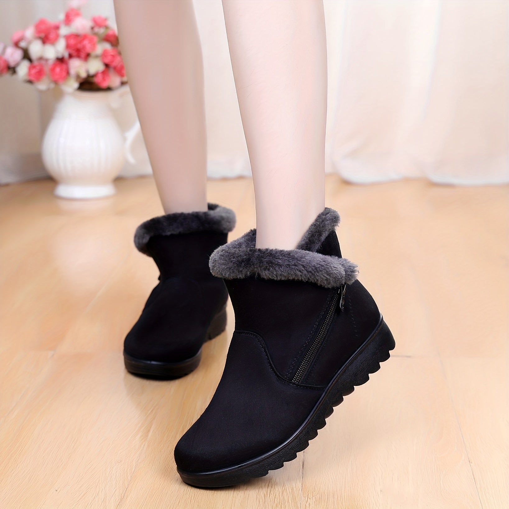 Fur Lined Snow Boots Suede Mid Calf Boots