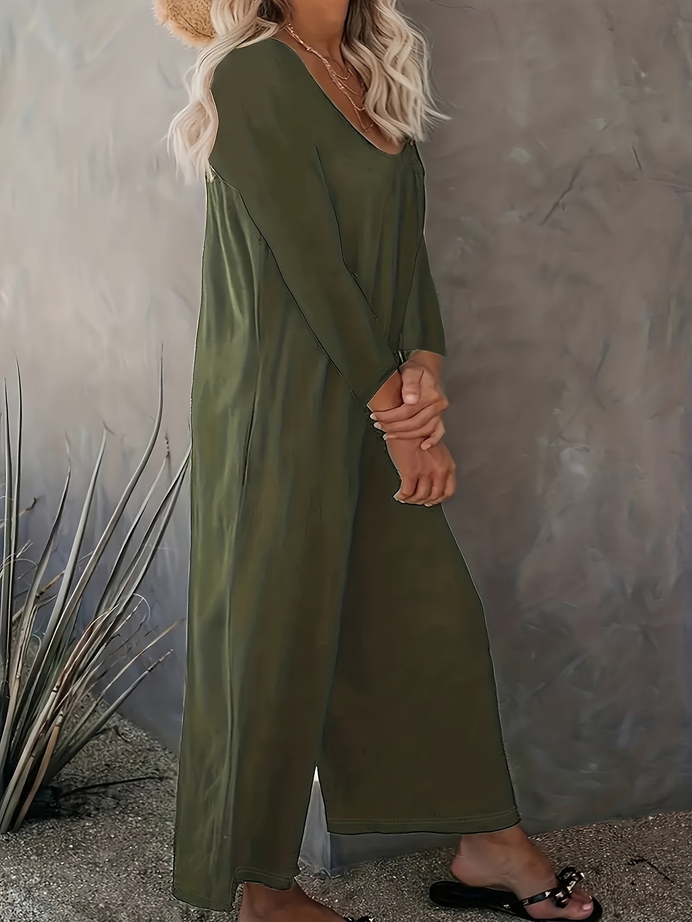 Solid Long Sleeve Wide Leg Jumpsuit With Pockets