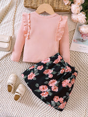 Girl's 2pcs Ribbed Top & Floral Corduroy Skirt Set for Spring Autumn