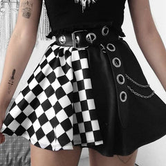 Goth Mini Skirt Half Checkered Print Short Skirt Without Belt