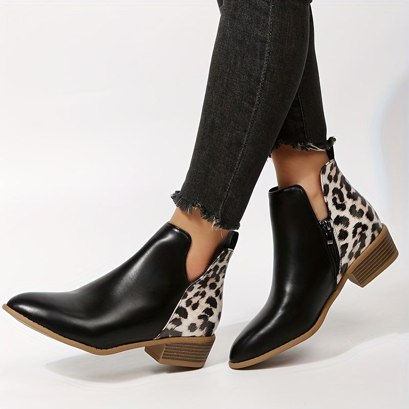 Leopard Print Ankle Boots Pointed Toe V Cut Stacked Heels Short Boots