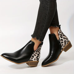 Leopard Print Ankle Boots Pointed Toe V Cut Stacked Heels Short Boots