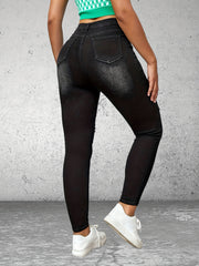 High Rise Ripped Skinny Jeans Water Ripple Embossed Denim Pants