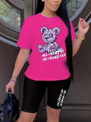 Bear & Letter Print Matching Two piece Set Short Sleeve T shirt & Skinny Shorts
