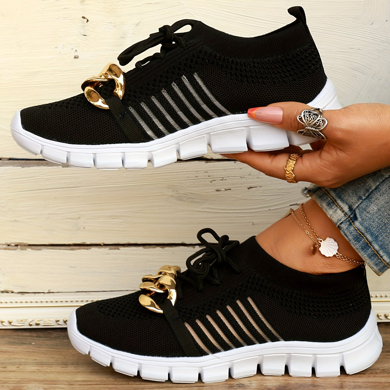 Women's Knit Sports Shoes with Metallic Chain Decor