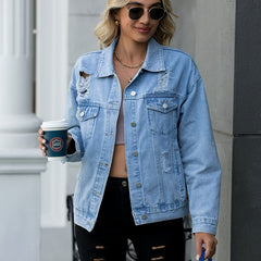 Ripped Flap Pockets Denim Jackets Button Closure Long Sleeve Lapel Denim Coats