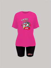Graphic Print Two Piece Set Casual T shirt & Shorts Outfit