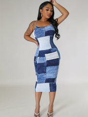 Denim Print Criss Cross Backless Cami Dress