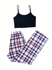 Casual Spaghetti Strap Top & Plaid Print Pants Outfit