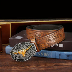 Men's Western Cowboy Leather Belt Long Horn Bull Buckle Embossed Floral