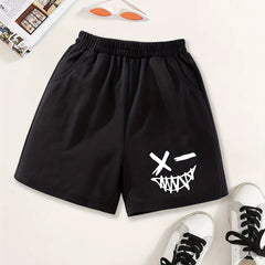 Girls Winking Smile Print Sweat Shorts Elastic Waist Casual Sports Clothes
