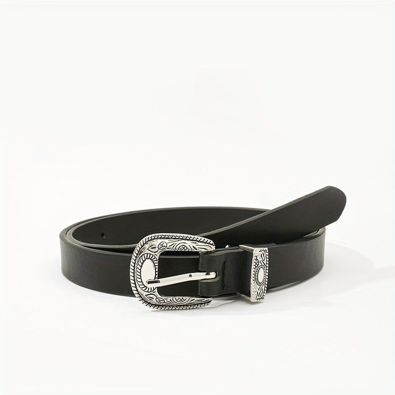Vintage Craved Buckle Thin Belt PU Leather Casual Belt Pants Belt Dress Girdle