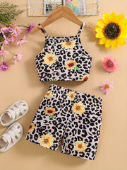 Girls Sunflower & Leopard Graphic Camisole Shorts Set for Party Beach