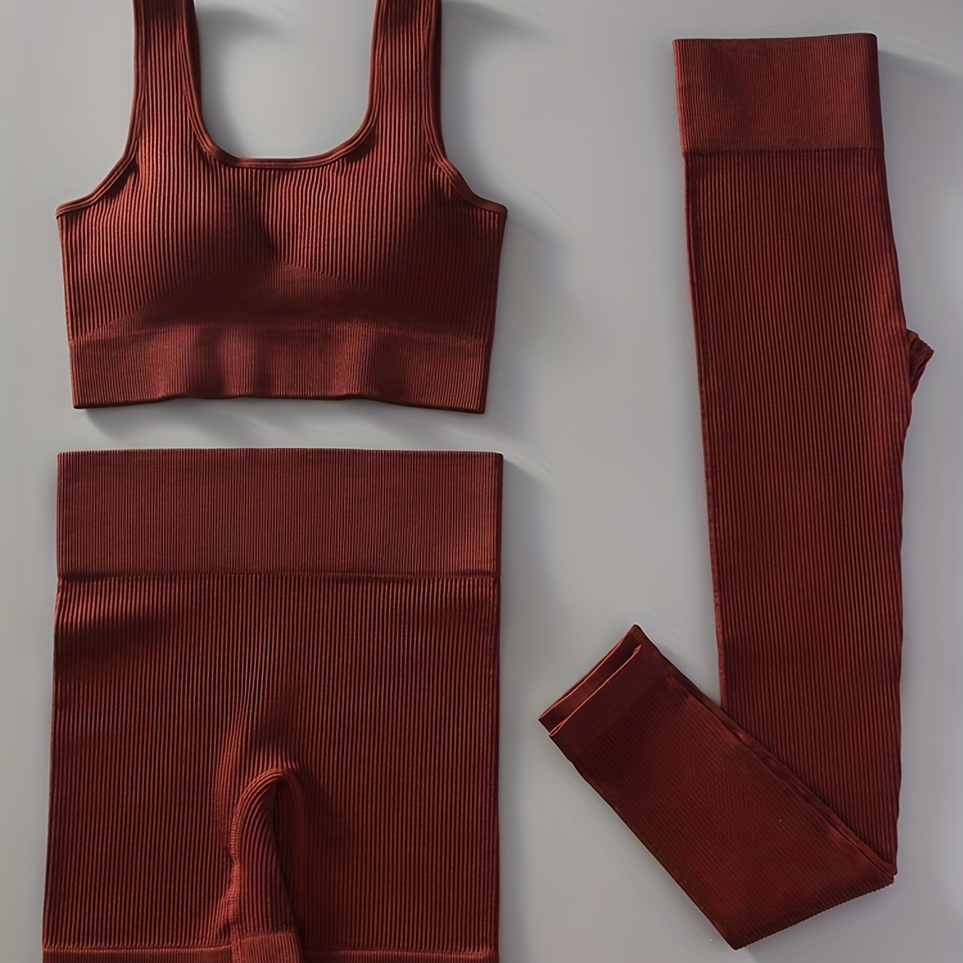 3pcs Ribbed Yoga Workout Suits Sports Bra & Leggings Sets Women's Activewear