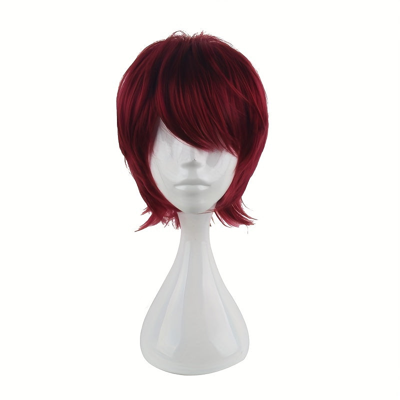 Men's 14 Inch Wine Red Anime Dress Up Wig Synthetic Fiber Wig