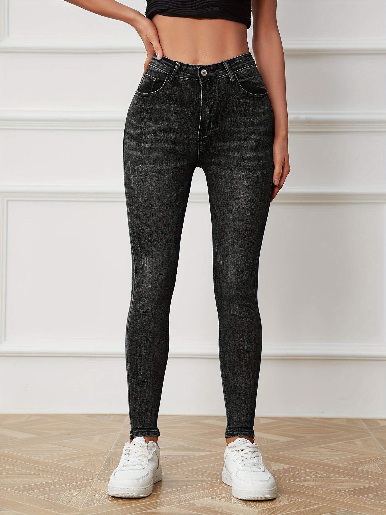 High Rise Water Ripple Skinny Jeans High Waist Zipper Button Closure