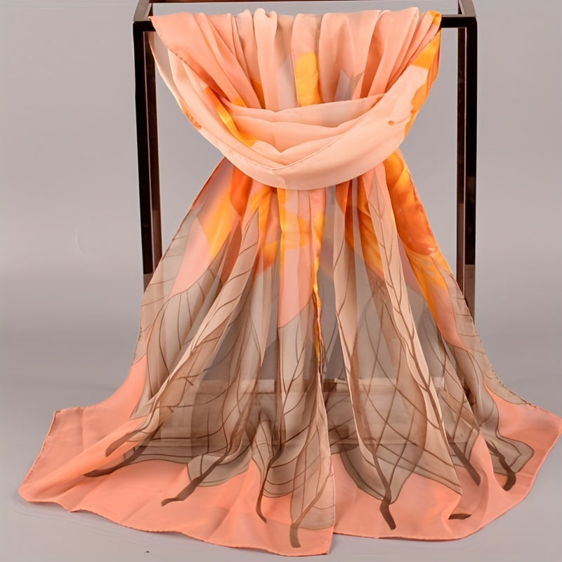 Leaf Flower Print Chiffon Scarf Gradient Sunscreen Travel Beach Towel