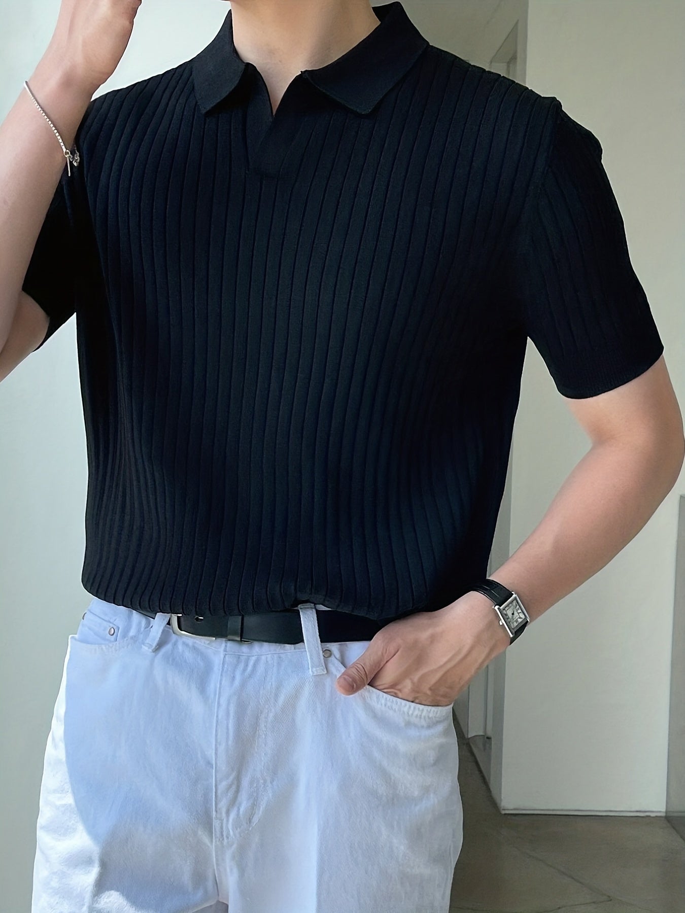 Knit Short Sleeve Polo Shirt V-Neck Button Up Casual Top Men's Tee