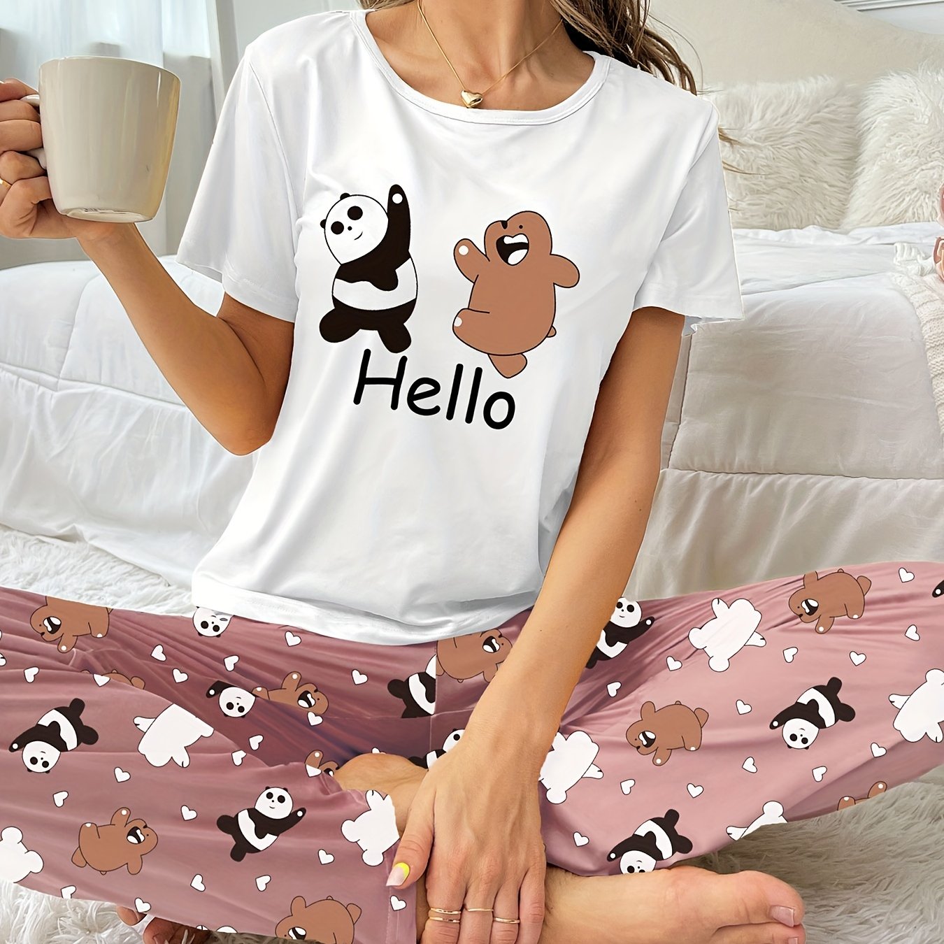 Bear Print Pajamas Set Short Sleeve Top & Shorts