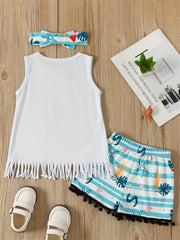 Girls Tassel Tank Top & Striped Leaves Shorts Set