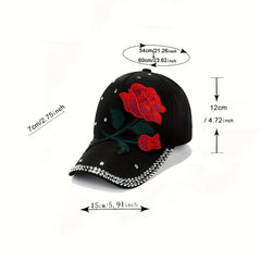 Red Rose Patch Baseball Cap Rhinestone Decor Y2K Sports Hat