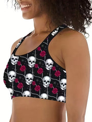 Floral Skull Print Plus Size Halloween Crop Tank Top