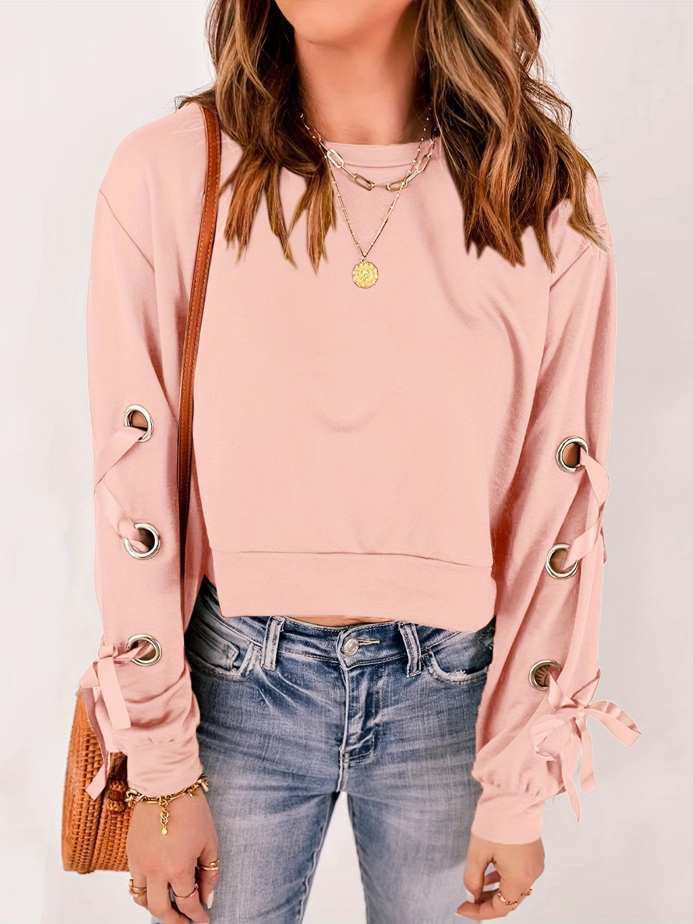 Solid Crew Neck Crop Sweatshirt Lace Up Long Sleeve