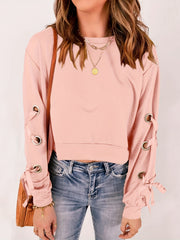 Solid Crew Neck Crop Sweatshirt Lace Up Long Sleeve