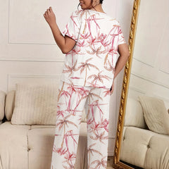 Boho Pajama Set Women's Plus Tropical Print Tee & Pants Lounge Set