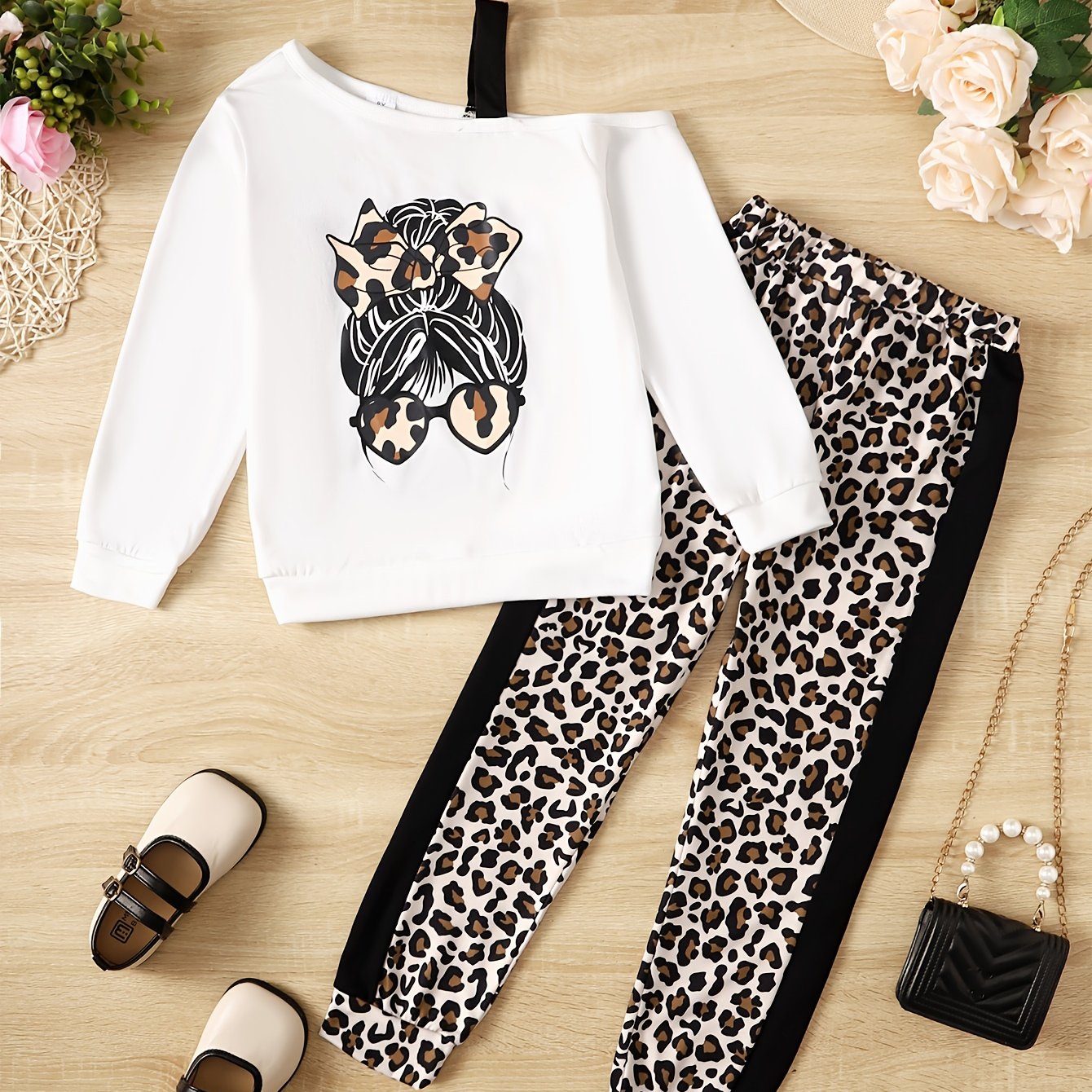 Girl's Camisole Sweatshirt & Leopard Pants Set Anime Print Casual Outfits