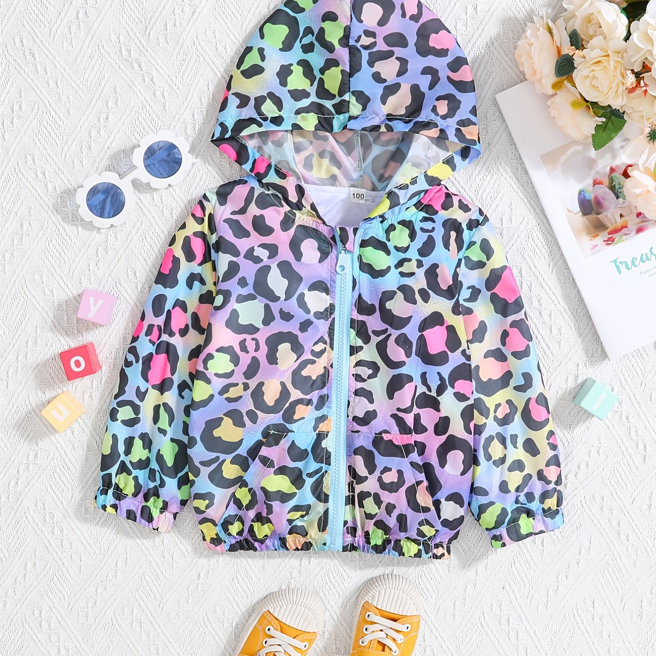 Toddler Girls Rainbow Leopard Print Zip Hooded Jacket