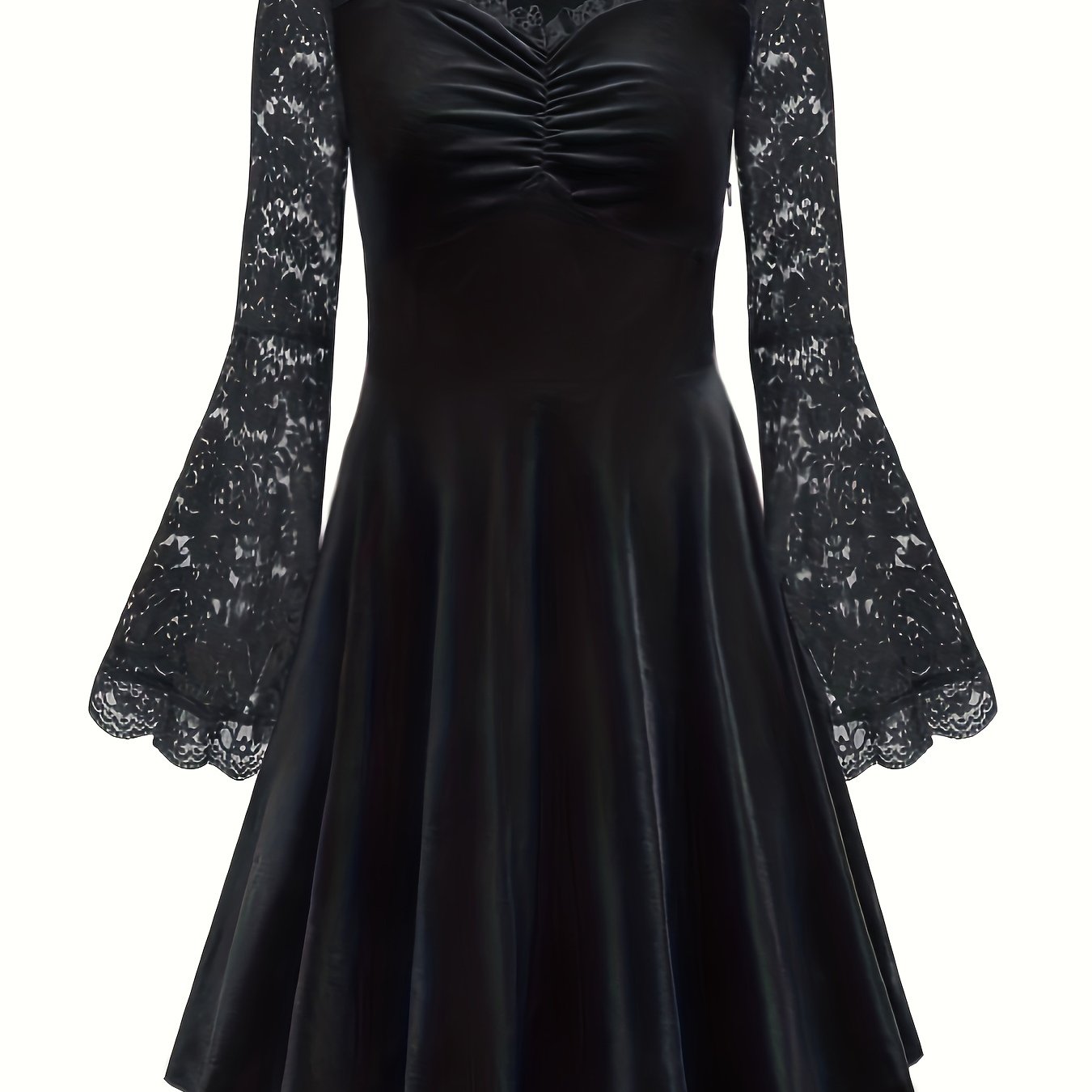 Gothic Dress Women's Solid Contrast Lace Bell Sleeve Maxi Dress