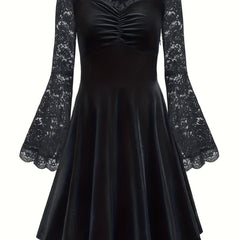 Gothic Dress Women's Solid Contrast Lace Bell Sleeve Maxi Dress