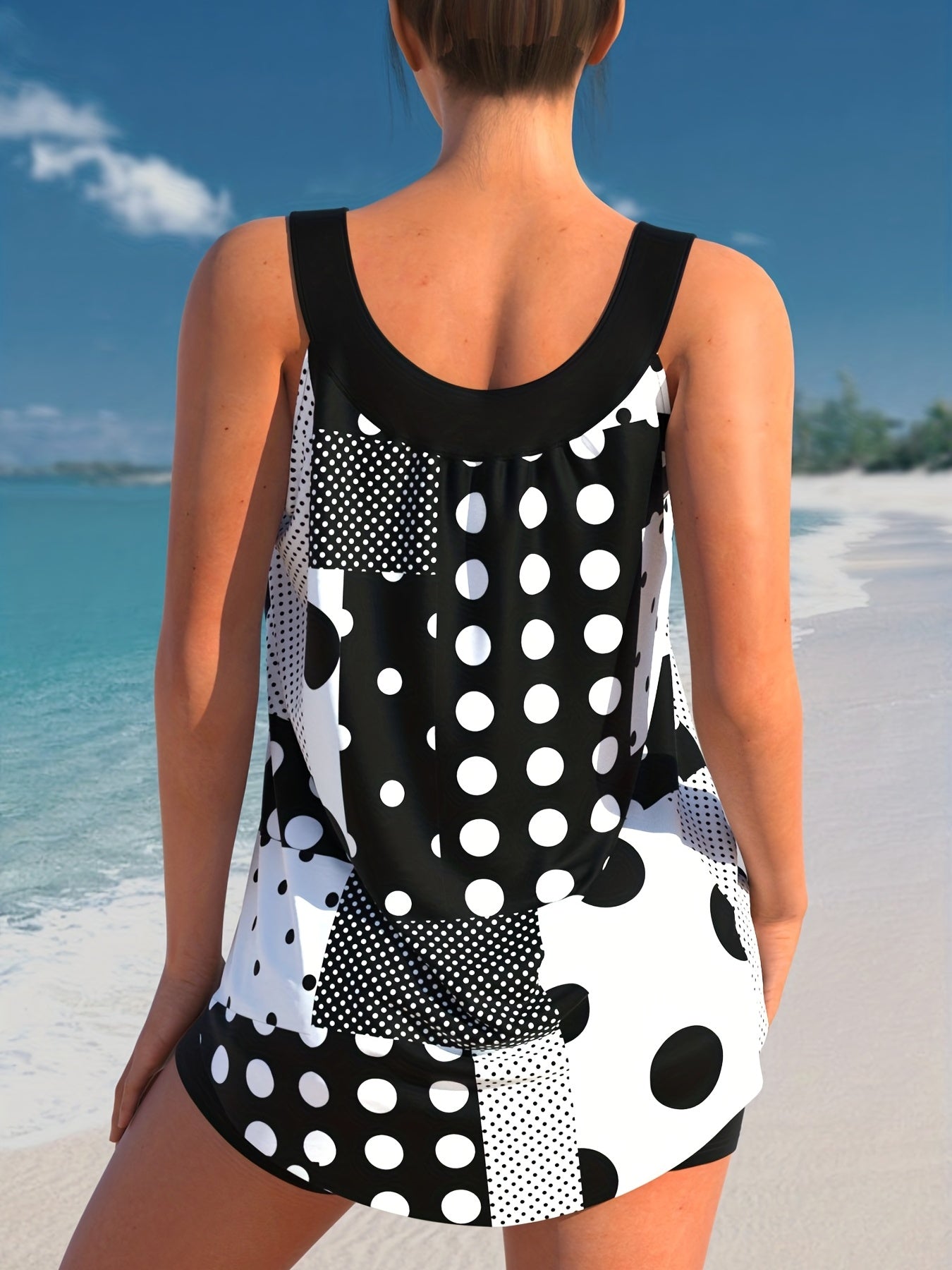 Polka Dot Tankini Set Round Neck Top & Shorts Swimsuit 2 Piece Set