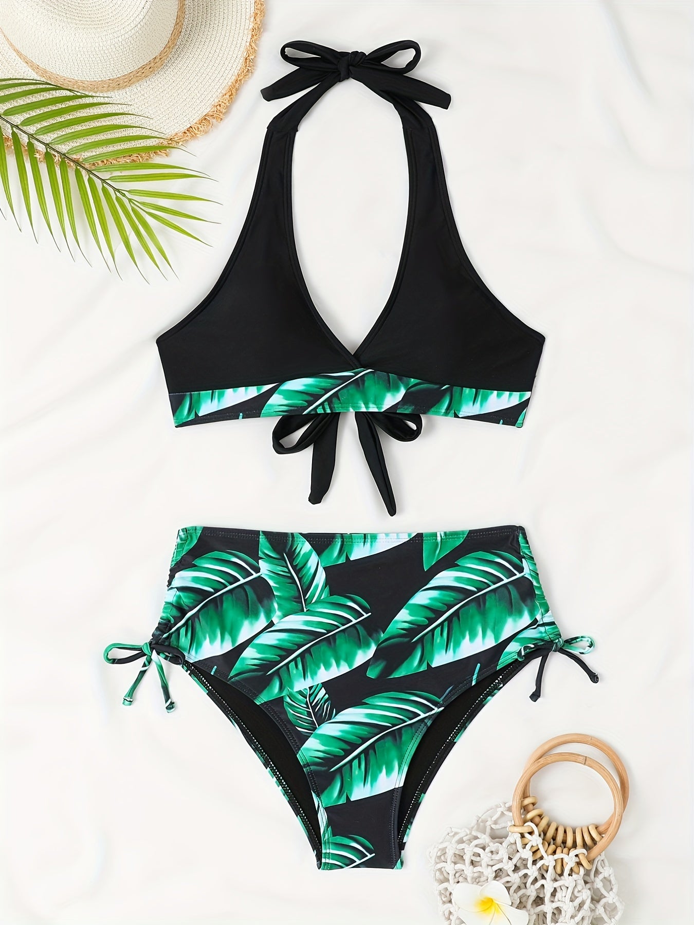 Tropical Leaf Print Halter Swimsuit 2 Piece Set Bikini