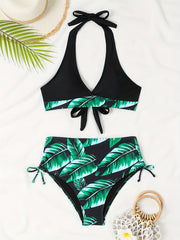 Tropical Leaf Print Halter Swimsuit 2 Piece Set Bikini