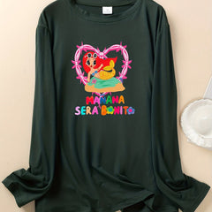 Colorful Letter & Cartoon Figure Print Long Sleeve Round Neck T-shirt