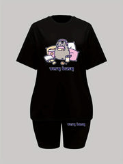 Cartoon Print Lounge Set Short Sleeve Top & Shorts
