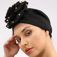 Golden Beads Flower Turban Head Scarf Elastic Beanie Cap